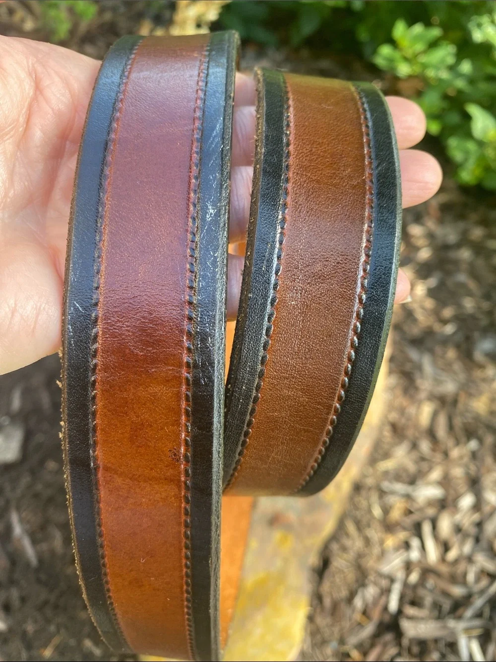 Two-Tone Brown Leather Belt with Black Edges & Brass Buckle